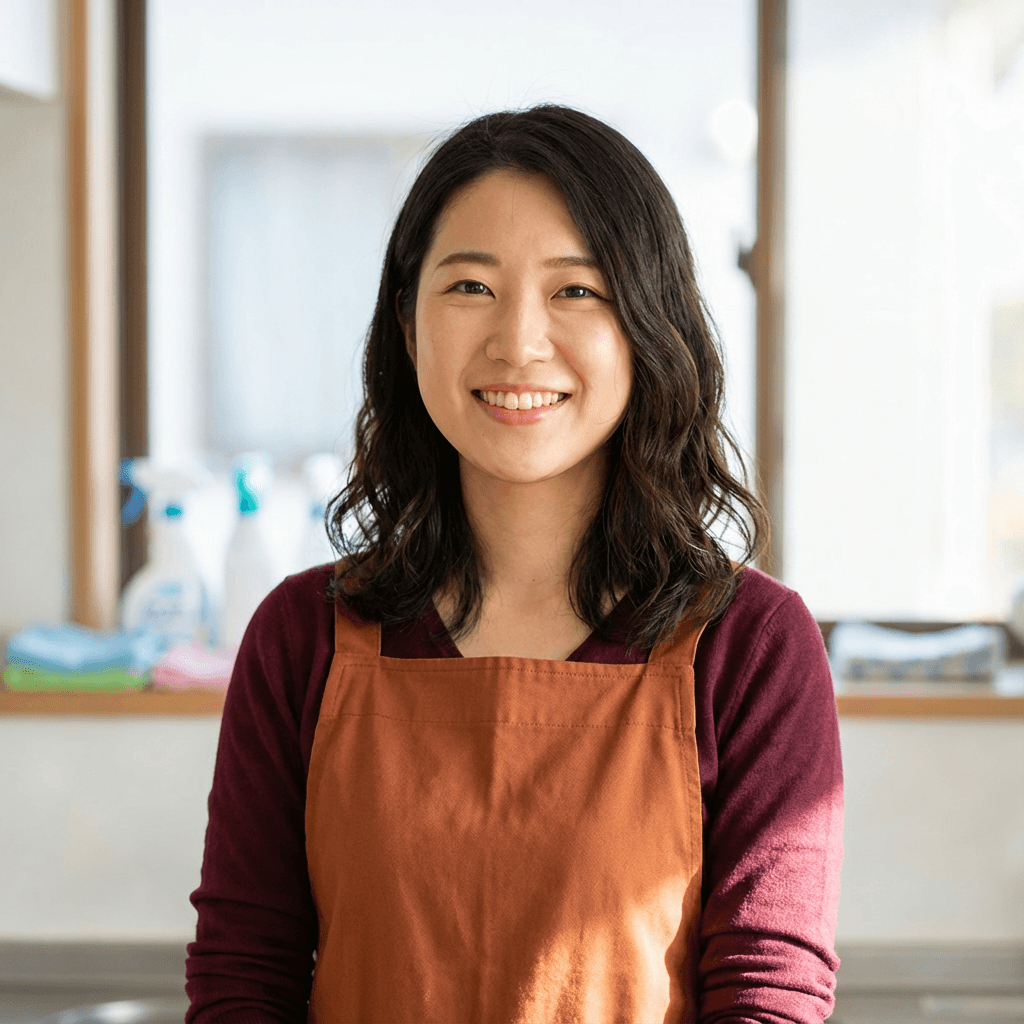 Professional cleaner in a bright kitchen wiping down a counter with cleaning supplies nearby