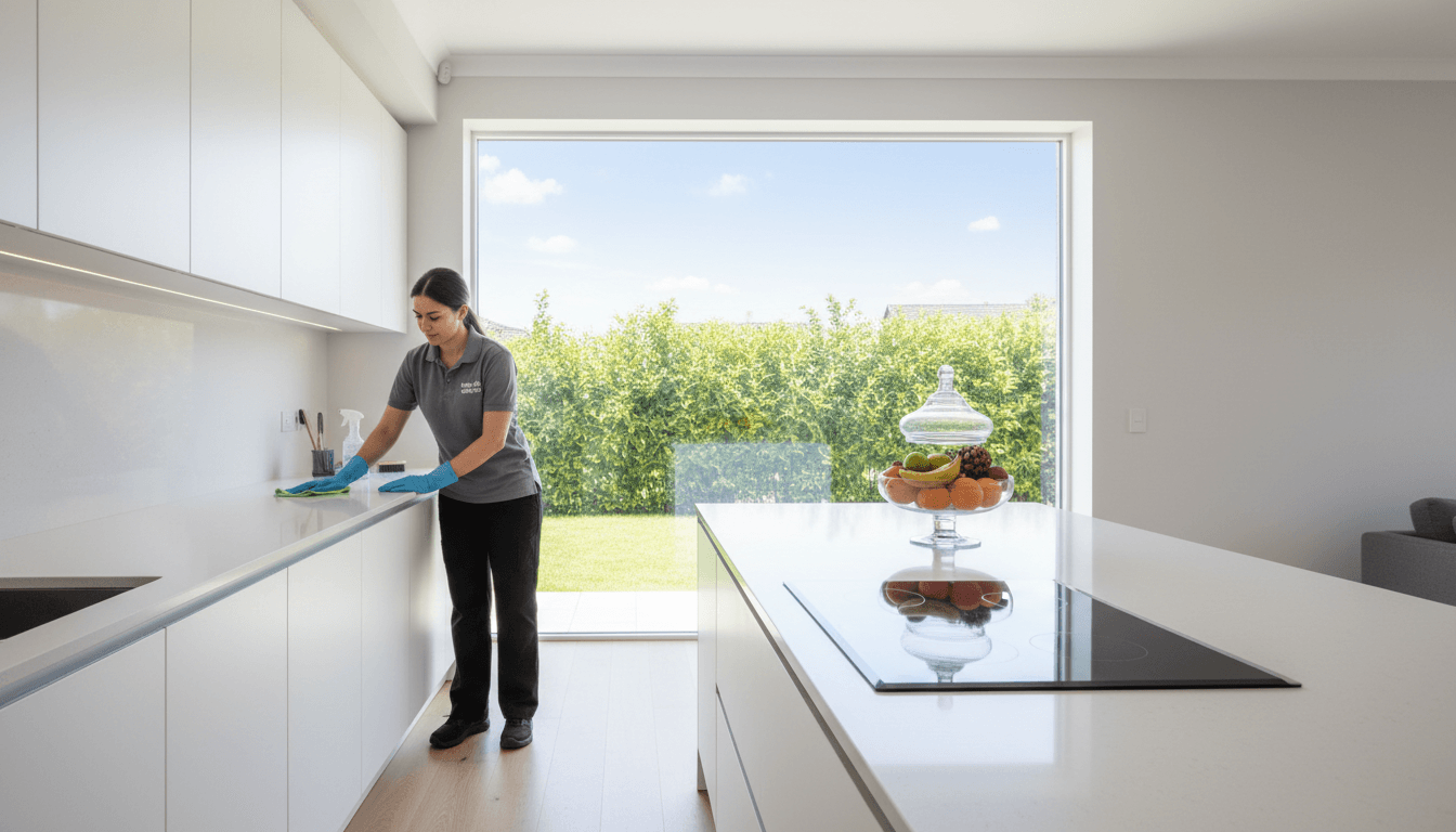Professional cleaner wiping a kitchen counter in a bright modern home