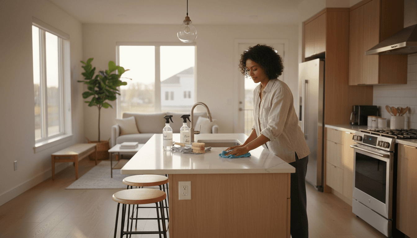 Professional cleaner wiping down a modern kitchen counter in a bright home