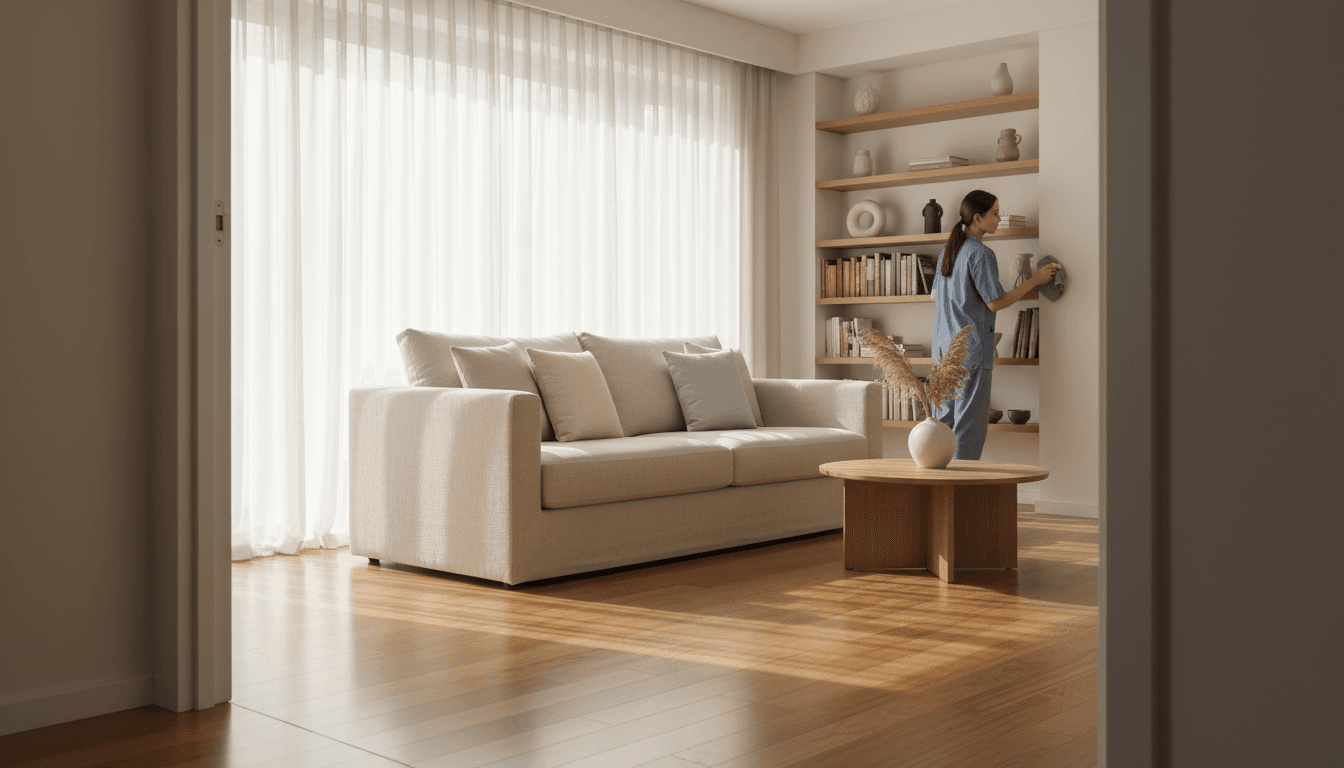 Bright living room with cleaned furniture and sunlight through windows
