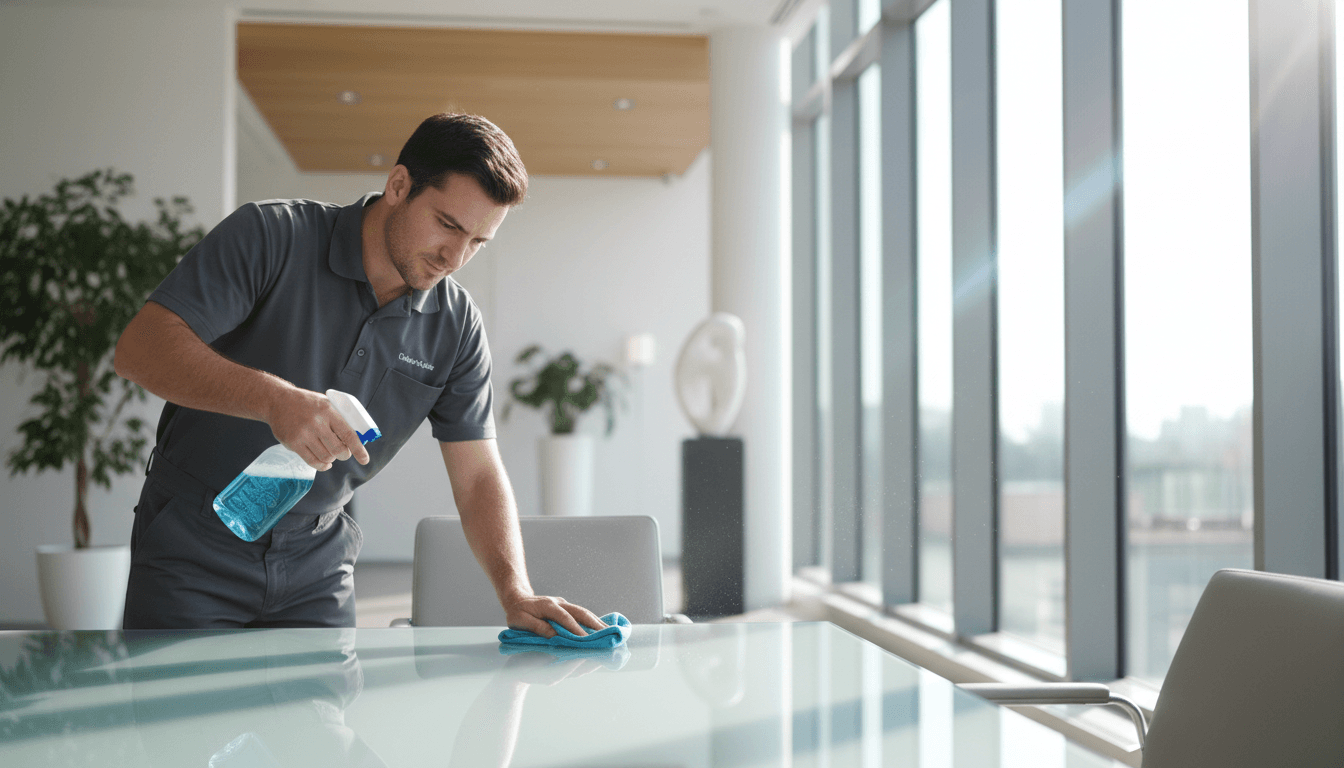 Professional cleaner wiping a surface in a bright modern home